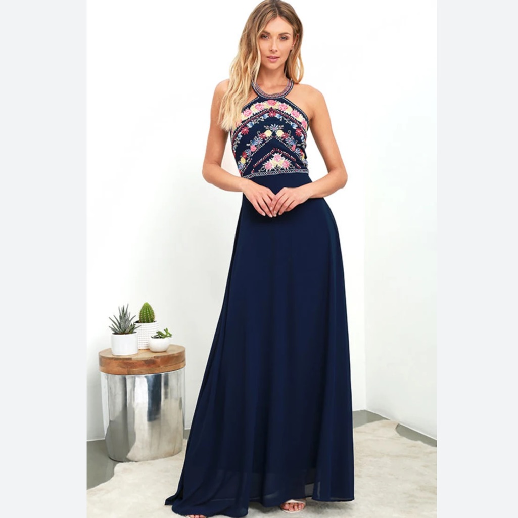 Lulu's All My Life Navy Blue Embroidered Maxi Dress Size Small